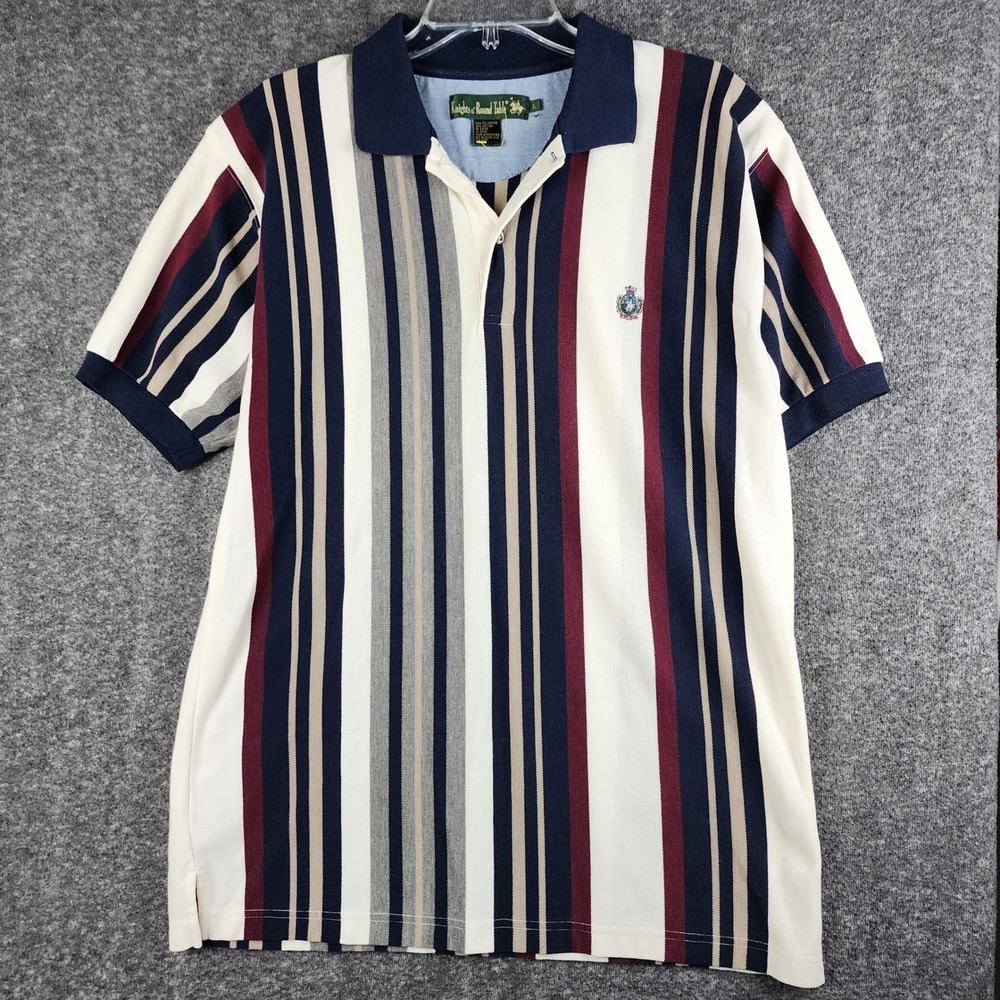 Knights of Round Table Polo Shirt Mens‎ L Striped Vintage Short Sleeve Crest